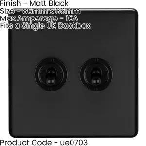 2 PACK 2 Gang Double Retro Toggle Light Switch SCREWLESS MATT BLACK 10A 2 Way