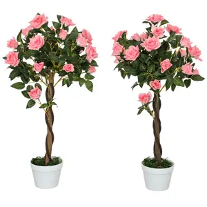 Outsunny Set of 2 90cm Artificial Rose Tree, Fake Decorative Plant, Pink