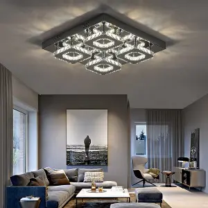 Modern Square Large Chrome effect Crystal Flush LED Ceiling Light Chandelier Cool White