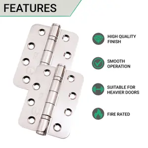 EAI 4" Fire Door Hinges 4" Stainless Steel Grade 13  - 102x76x3mm - RADIUS - Polished  - Pair - Including Screws