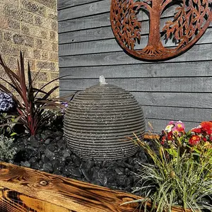 Black Sandstone Ribbed Sphere 40cm Natural Stone Solar Water Feature