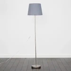 ValueLights Modern Standard Floor Lamp In Brushed Chrome Metal Finish With Grey Tapered Shade