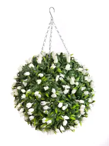 Best Artificial 38cm White Lush Tulip Hanging Basket Flower Topiary Ball - Suitable for Outdoor Use - Weather & Fade Resistant