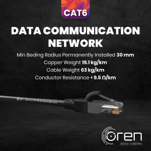 Oren CAT6 20m Outdoor Ethernet Cable LAN - Direct Burial - Patch Cord with RJ45 Connectors - High-Speed 1Gbps - Pure Copper 23 AWG