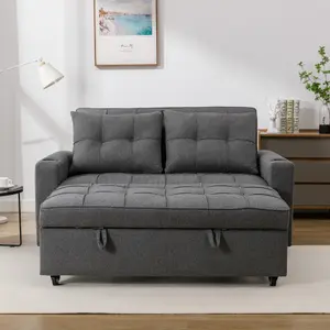 Hudson 2-Seater Sofa Bed Linen Fabric With Cup Holders Grey