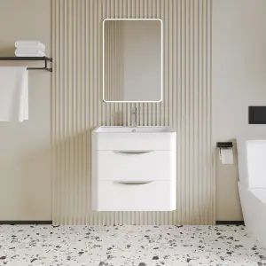 Wall Hung 2 Drawer Bathroom Vanity Unit with Polymarble Basin - 600mm - Gloss White