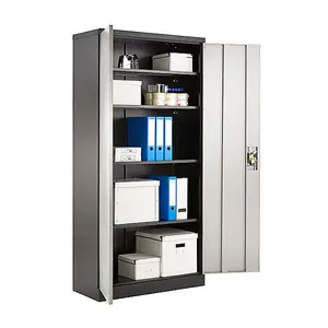 Grey and Black Stainless Steel Filing cabinet with 4 shelves - 2 Door Lockable Filing Cabinet - Tall Metal Office Storage Cupboard