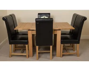 Richmond 90cm - 150cm Square Oak Extending Dining Table and 6 Chairs Dining Set with Washington Black Leather Chairs