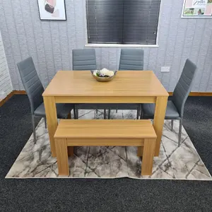 Dining Table and 4 Chairs With Bench Oak Effect Wood 4 Grey Leather Chairs Dining Room