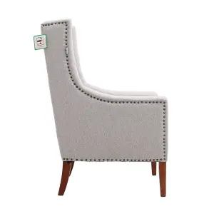 Grey Nailhead Wide Linen Wing Back Chair Armchair with Cushion