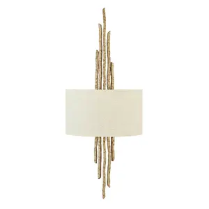 Twin Wall Light Hand Hammered Twig Effect White Shade Champagne Gold LED E14 60W