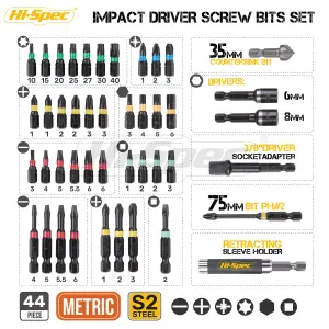 Hi-Spec 44pc Impact Drill Driver Screw Bit Set. 25mm & 50mm S2 Steel. Pozi Driv, Torx, Phillips & Nut Screwdriver Bits