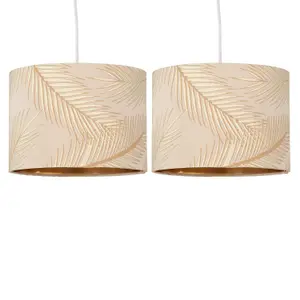 First Choice Lighting Set of 2 Tropica Champagne with Gold Embossed Leaf Detail 25cm Ceiling Pendant or Table Lamp Shades