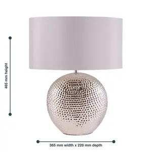 First Choice Lighting Dimpled Textured Oval Chrome Plated Ceramic Bedside Table Light Base with Grey Faux Silk Oval Fabric Shade