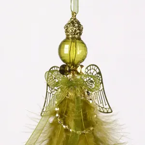 Acrylic Crystal Angel with Feather Hanging Figurine Ornament Green/Gold / 12cm H x 6cm W x 5cm D