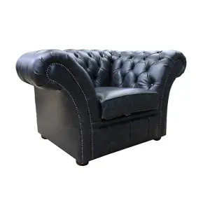 Chesterfield Club Chair New England Black Real Leather In Balmoral Style