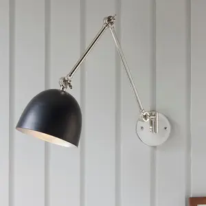 Luminosa Lehal Dome Adjustable Arm Wall Lamp Polished Nickel Plate, Matt Black