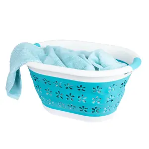 COLLAPSIBLE FLOWER PRINT LAUNDRY BASKET - TURQUOISE