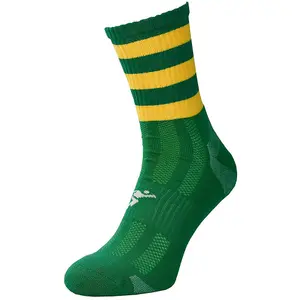 JUNIOR Size 8-11 Hooped Stripe Football Crew Socks GREEN/GOLD Training Ankle