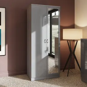 2 Door Mirrored Grey Gloss Double Wardrobe Scratch Resistant Bedroom Furniture