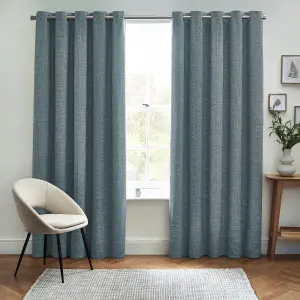 Elisa Blue Slub Lined Eyelet Curtains (W)228cm (L)228cm, Pair