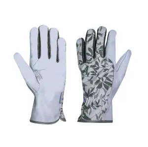 Mulch Leather Gardening Gloves Lavender & Green Leaf Design Spandex Stretch Medium Size 8 - 1 Pair