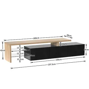 Modern TV cabinet, Stylish and Elegant, Practical Storage, High-gloss Black, Wooden Look, Glass Shelves, LED lighting