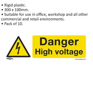 10-Pack High Voltage Warning Signs - Rigid Plastic Safety Signage 300 x 100mm