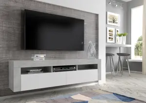 MORENO 160 TV Cabinet - White Matt and Bright Concrete, Versatile Wall Mountable or Free-Standing Unit 350mm x 410/430mm x 1600mm