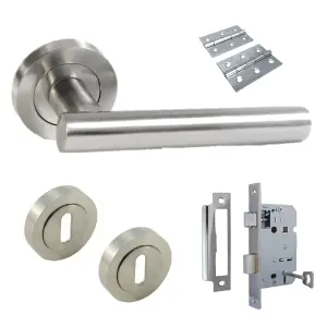 Door Handles T Bar Straight Lever on Rose Escutcheon & Lock & Hinges - Satin