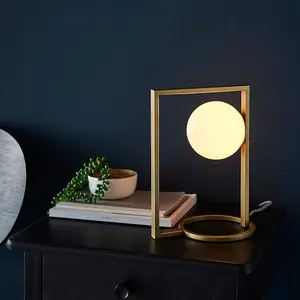 Brushed Gold Table Lamp Light - Gloss Opal Glass Shade - Geometric Shape Design