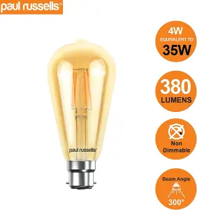 paul russells LED Filament ST64 Bulbs, 4.5W 400 Lumens, 35w Equivalent, 2200K Amber, Pack of 3