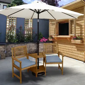 Wooden Companion Love Seat Garden Chairs with 2 Tier Table and Parasol Hole