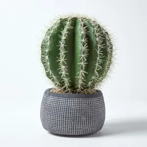 Homescapes Golden Barrel Artificial Cactus in Textured Stone Grey Pot, 38 cm Tall