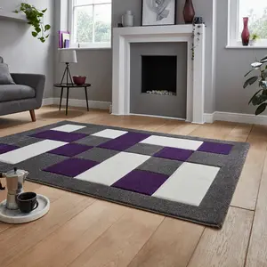 Grey Purple Modern Easy to Clean Bordered Chequered Geometric Rug For Dining Room-80cm X 150cm