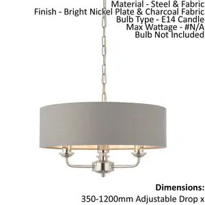 Ceiling Pendant Light - Bright Nickel & Charcoal Fabric - 3 x 40W E14 - e10231