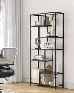 VASAGLE Bookshelf, 6-Tier Tall Bookcase, Plant Stand, Display Shelf, Tempered Glass, for Study, Office, Room, Kitchen, Black