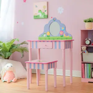 Teamson Kids Dressing Table, Play Vanity Set with Mirror & Stool, Magic Garden - Pink/Multi