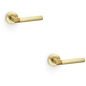 2 PACK - SOLID BRASS Knurled Door Handle Set - Satin Brass Mitred Lever on Round Rose