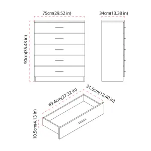 URBNLIVING Height 90cm 5 Drawer Wooden Bedroom Chest Cabinet Modern Ash Grey Carcass and Ash Grey Drawers Wide Storage Cupboard