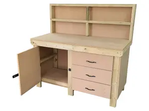 Wooden MDF top workbench, tool cabinet with lockable cupboard (V.3) (H-90cm, D-70cm, L-120cm) with back