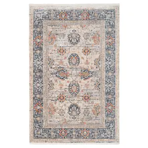 Beige Blue Traditional Floral Bordered Soft Fringed Rug 200x290cm