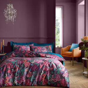 Bridgerton By Catherine Lansfield Kate Floral Soft Velvet Single Duvet Cover Set with Pillowcase Plum