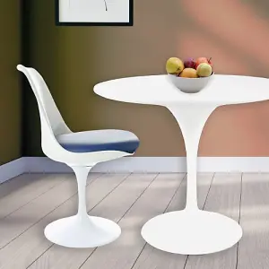 Tulip Set - White Medium Circular Table and Two Chairs with PU Cushion Navy