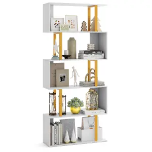 COSTWAY 5-Tier Geometric Bookcase 157 cm S-Shaped Bookshelf with Metal Frame