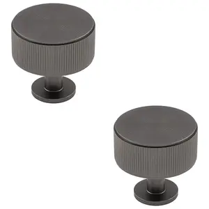 2 PACK - Lined Reeded Radio Door Knob - 35mm - Anthracite Grey Round Cabinet Pull Handle