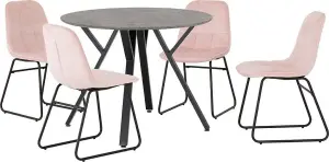 Athens Round Dining Set Pink Velvet Chairs Concrete Effect Black