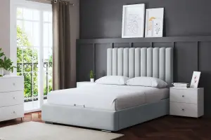 Evangeline Silver Upholstered Panel Bed with Headboard and Ottoman Storage Super King