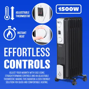 1500w 7 Fin Portable Oil Filled Radiator Heater Electrical Caravan Office Home White