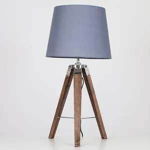 ValueLights Clipper Modern Distressed Wood and Silver Chrome Tripod Table Lamp with Grey Light Shade